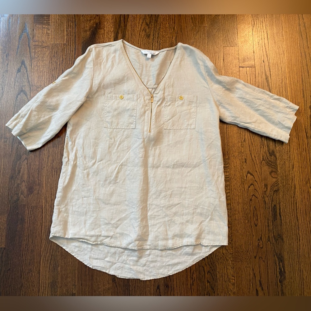 Ellen Tracy- 100% linen V-Neck Zip Pocket Women's Top gold button accent size L